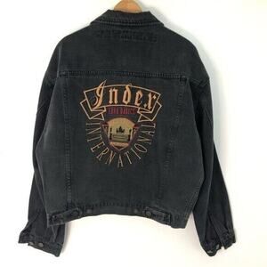 Vintage L Mens Denim Jean Jacket Embroidered faded black index international 938